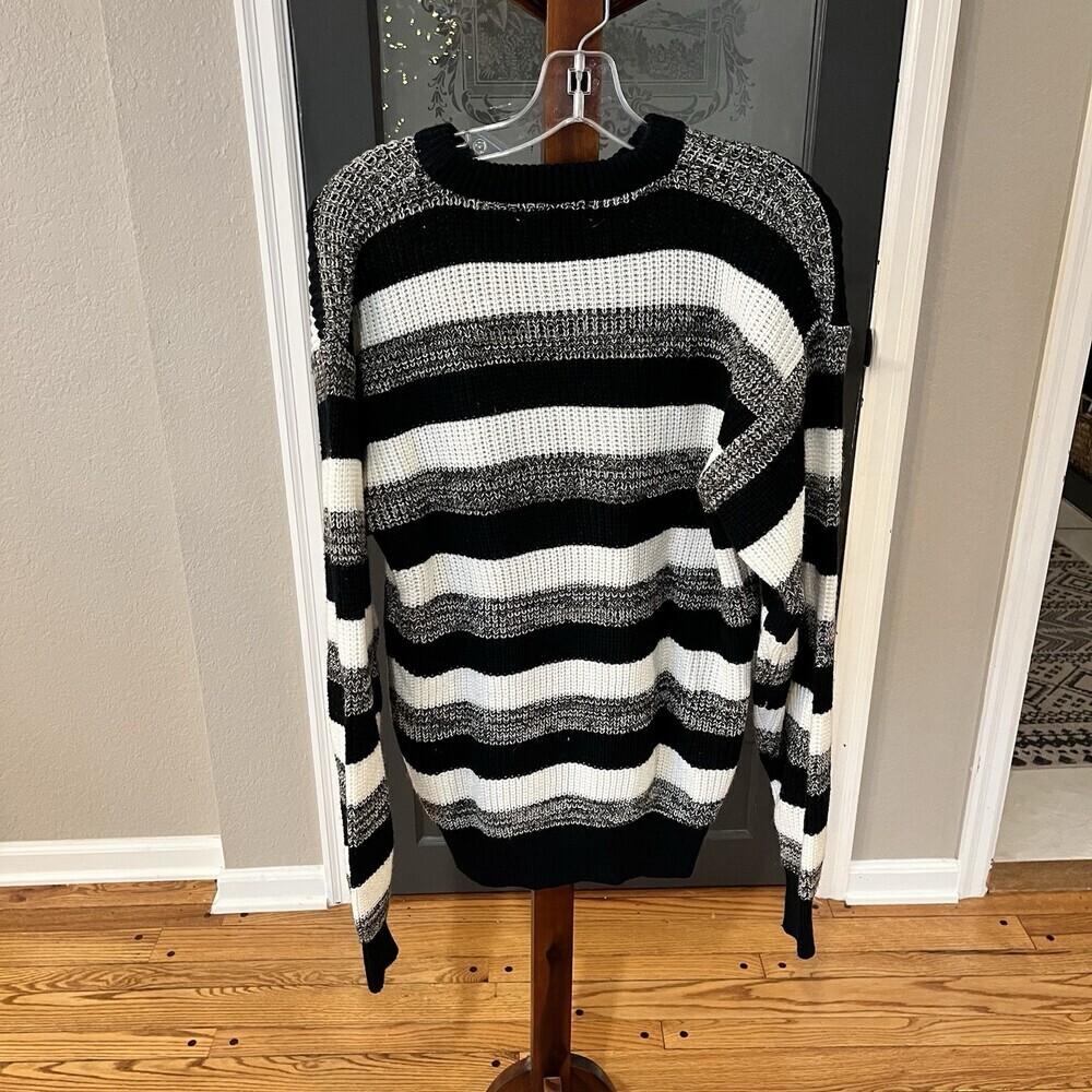 St. John’s Bay Women’s L Tall Striped Knit Sweater Black White Gray Crewneck - Picture 2 of 13